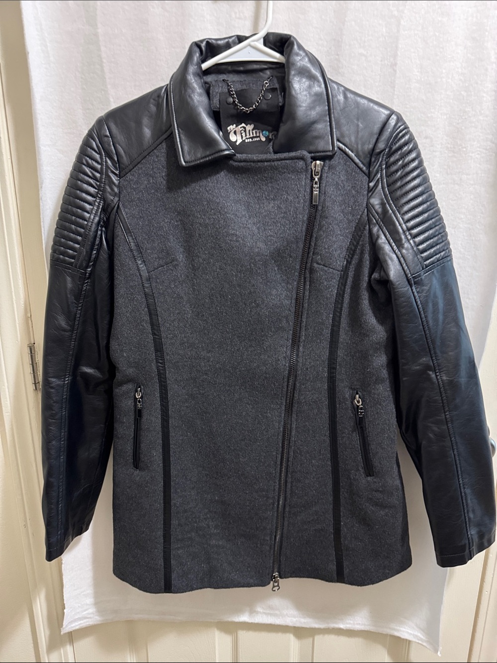 The Filmore-Faux Leather Sleeve Asymmetrical Zip Jacket - Black & Charcoal